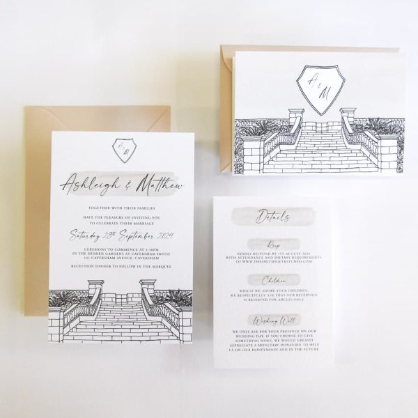 Caversham House Wedding Invitation with illustration