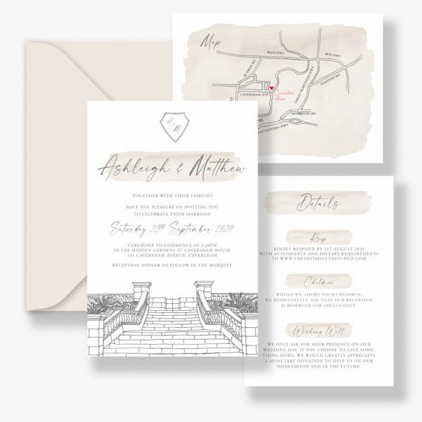 Caversham House Wedding Invitation with illustration