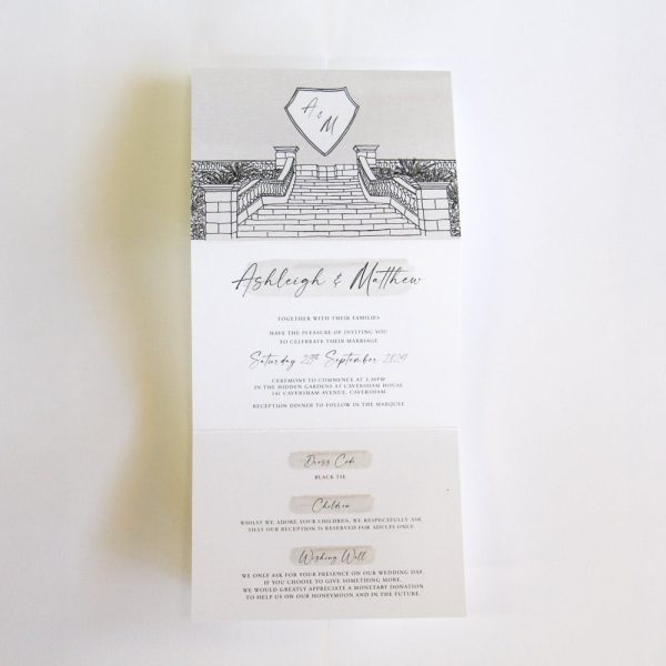 Caversham House Wedding Invitation with illustration in trifold design