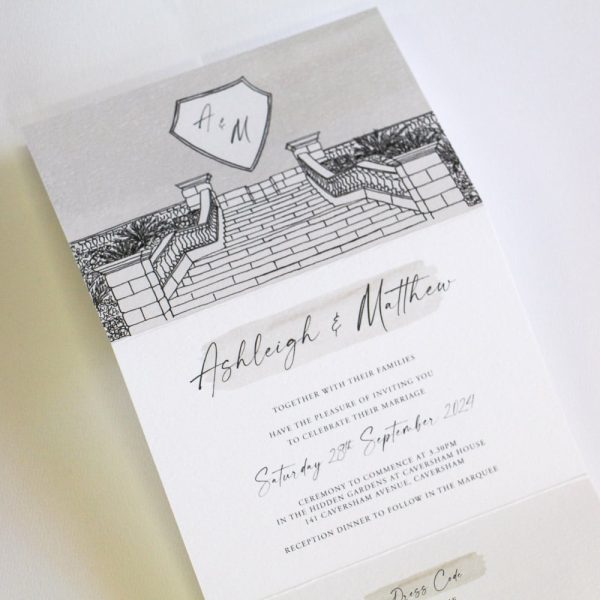 Caversham House Wedding Invitation with illustration in trifold design