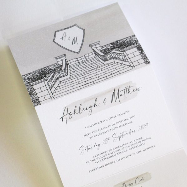 Caversham House Wedding Invitation with illustration in trifold design