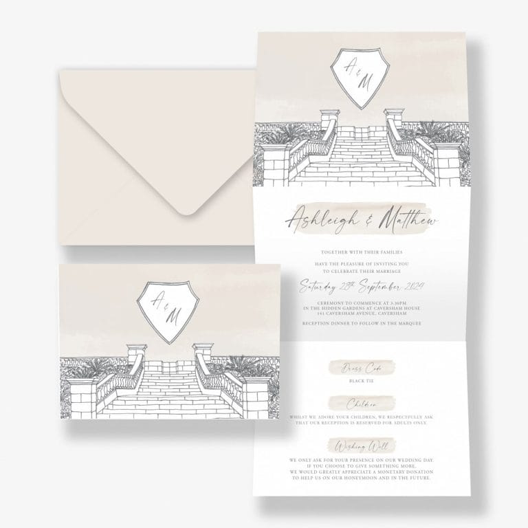 Caversham House Wedding Invitation with illustration in trifold design