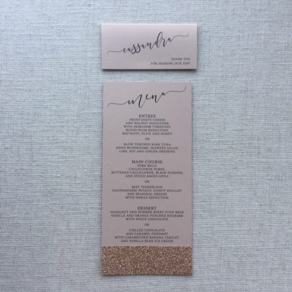 Elegant Rose Gold Glitter Wedding Menu and Placecard