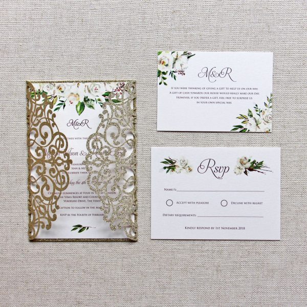 Ivory Roses with Gold Glitter Lasercut Wedding Invitation