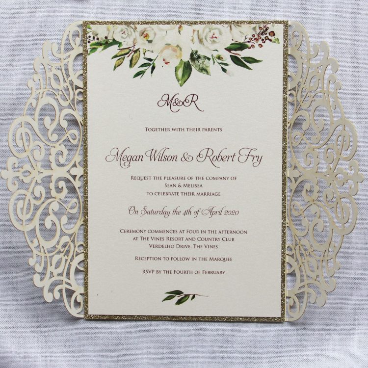 Ivory Roses Glitter Lasercut Wedding Invitation