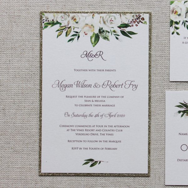 Ivory Roses with Gold Glitter Lasercut Wedding Invitation