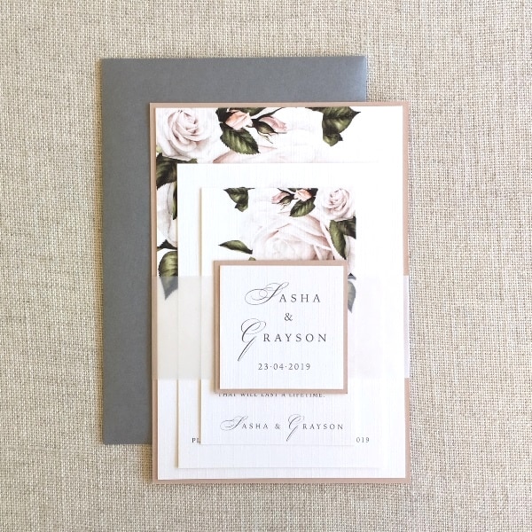 Lush Roses Blanc Paper Layered Wedding Invitation