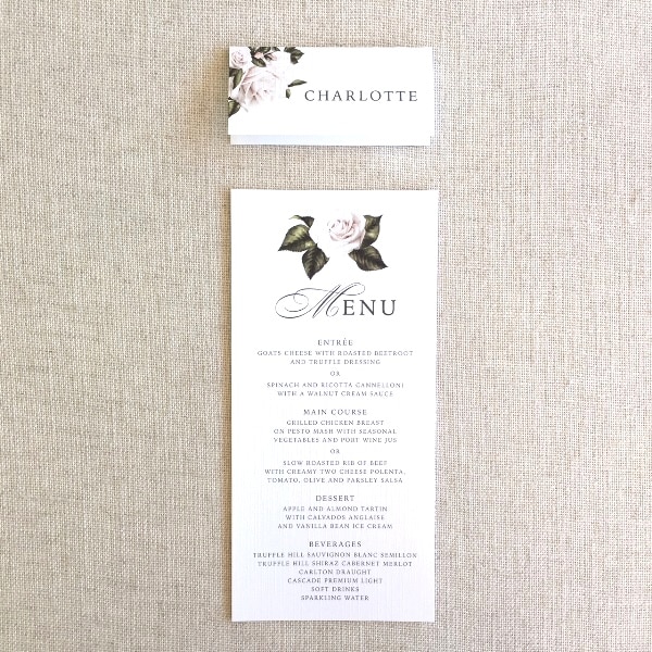 Lush Roses Blanc Paper Layered Wedding Menu & Place Card