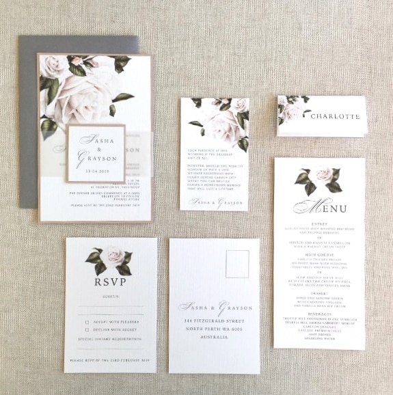 Lush Roses Blanc Paper Layered Wedding Invitation Set