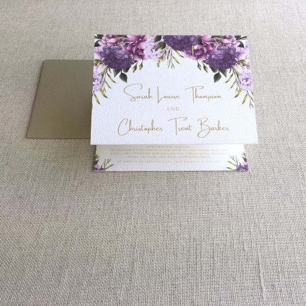 Purple Peony Blooms Trifold Wedding Invitation