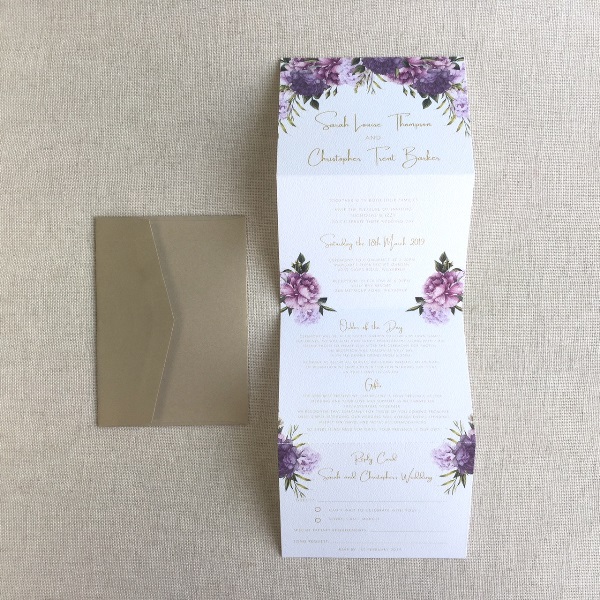 Purple Peony Blooms Trifold Wedding Invitation