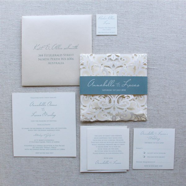 Powder Blue Lace Lasercut Wedding Invitation