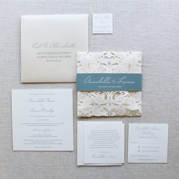 Powder Blue Lace Lasercut Wedding Invitation