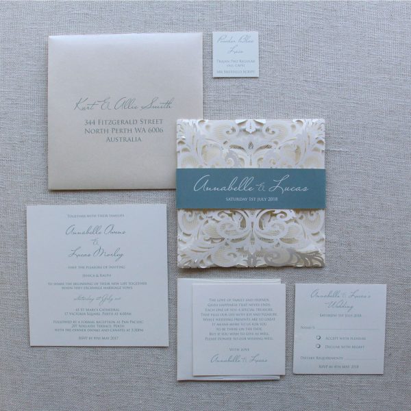 Powder Blue Lace Lasercut Wedding Invitation