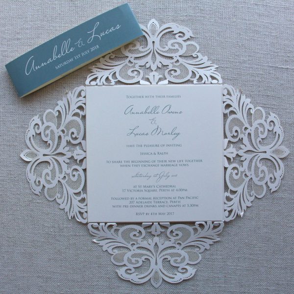 Powder Blue Lace Lasercut Wedding Invitation