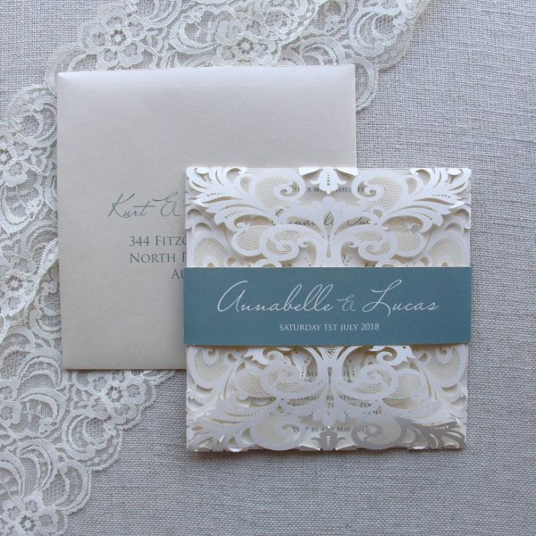 Powder Blue Lace Lasercut Wedding Invitation