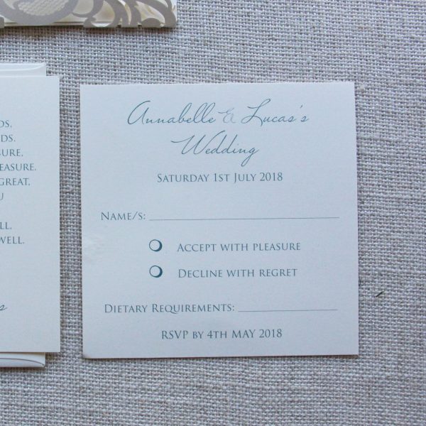 Powder Blue Lace Lasercut Wedding Reply Card