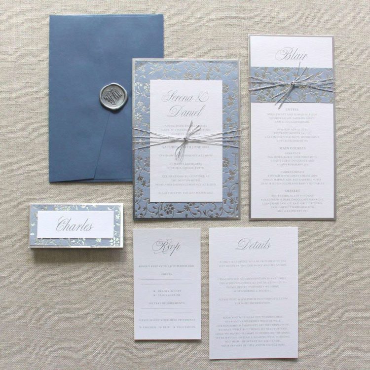 Floral Foil Blue Wedding Invitation