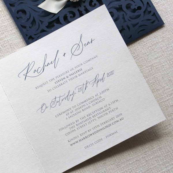 Delicate Navy Lasercut Wedding Invitation - Image 5