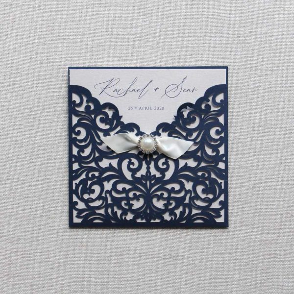 Delicate Navy Lasercut Wedding Invitation - Image 2