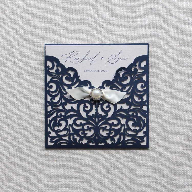 Delicate Navy Lasercut Wedding Invitation