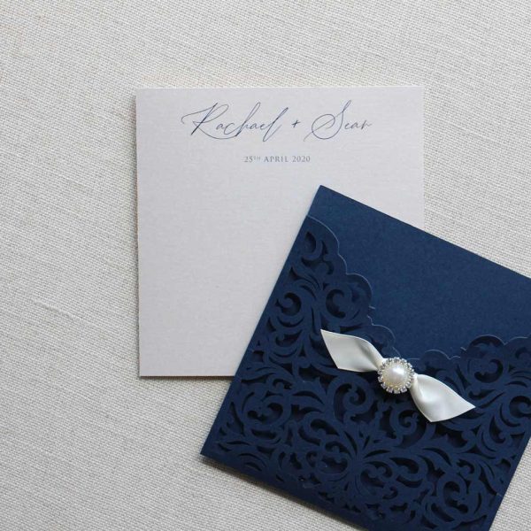 Delicate Navy Lasercut Wedding Invitation - Image 3