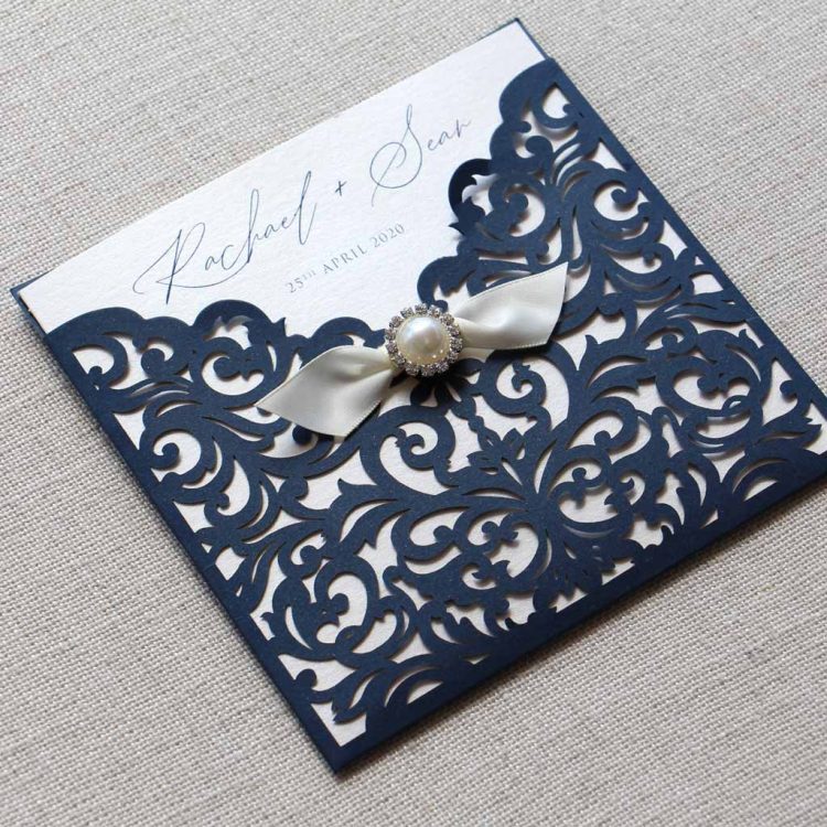 Delicate Navy Lasercut Wedding Invitation