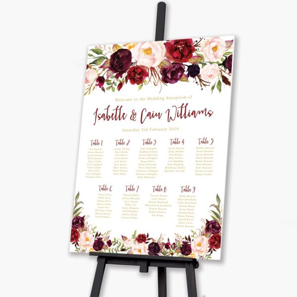 Marsala Florals wedding Seating Plan on black easel