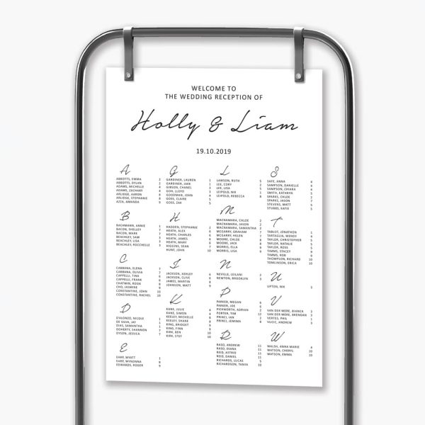 minimalist alphabetical wedding seating plan