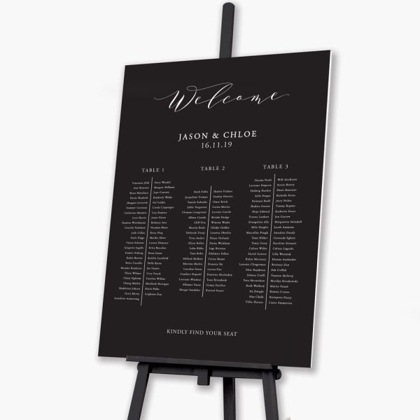 short and sweet wedding seating plan on black easel