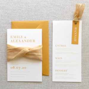Unique to Starfish Lane, striking invitation wrapped in bright amber muslin ribbon, silk ribbon, mustard invitation