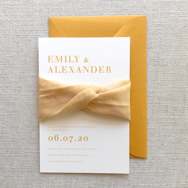 Unique to Starfish Lane, striking invitation wrapped in bright amber muslin ribbon, silk ribbon, mustard invitation