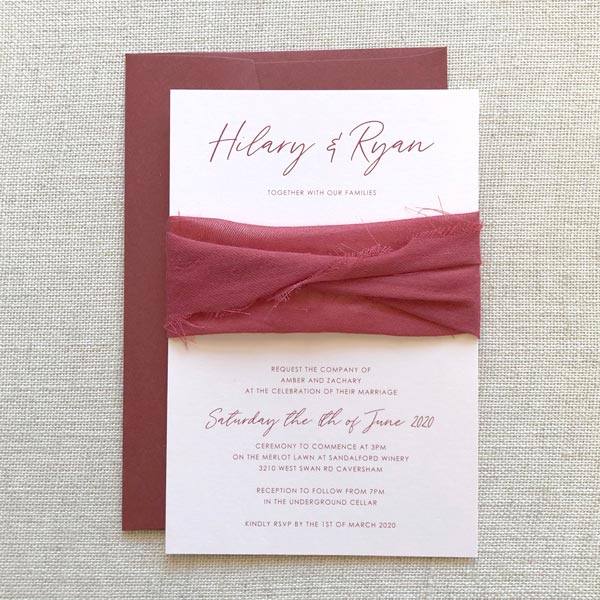 Unique to Starfish Lane, striking invitation wrapped in deep burgundy muslin ribbon, silk ribbon,