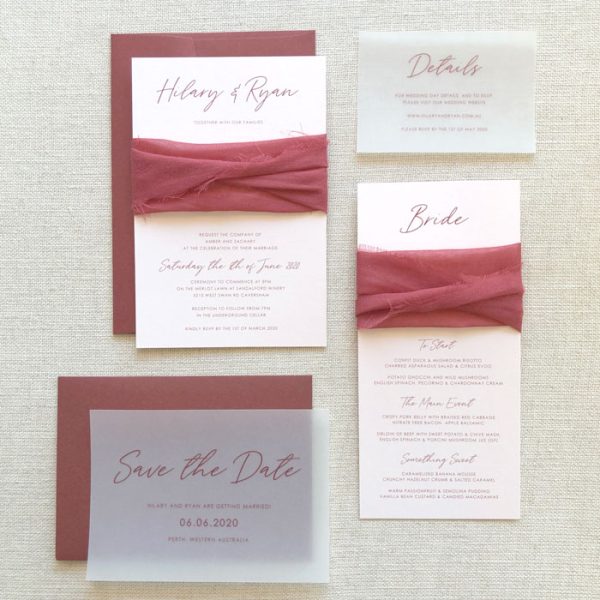 Unique to Starfish Lane, striking invitation wrapped in deep burgundy muslin ribbon, silk ribbon,