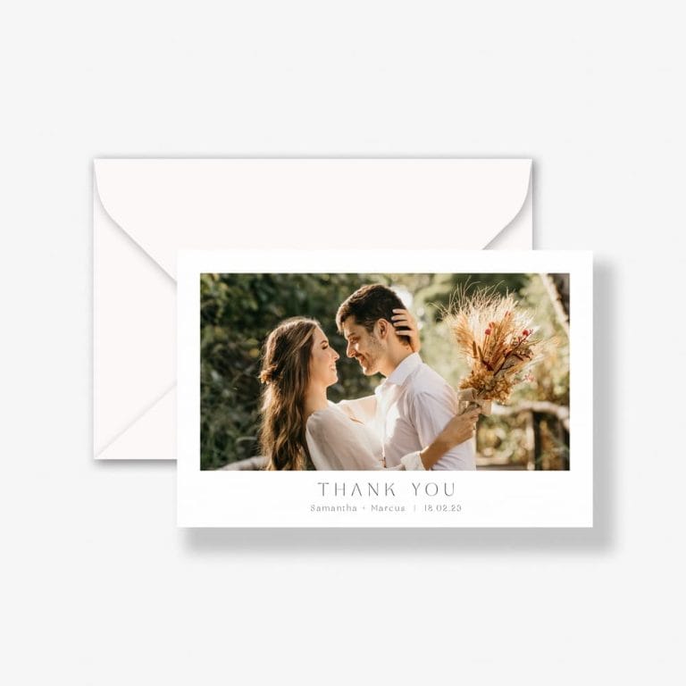 Window Wedding Thank You Cards with happy couple and envelope