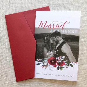 newlywed christmas card, first christmas card, married and merry