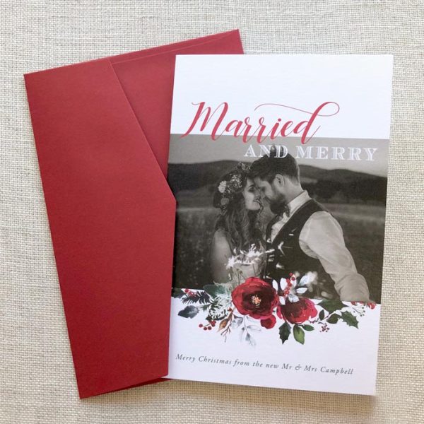 newlywed christmas card, first christmas card, married and merry