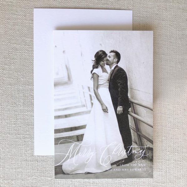 newlywed christmas card, first christmas card, married and merry