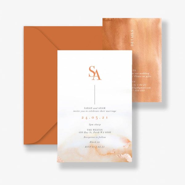 Burnt Orange Rose Gold Leaf Wedding Invitation