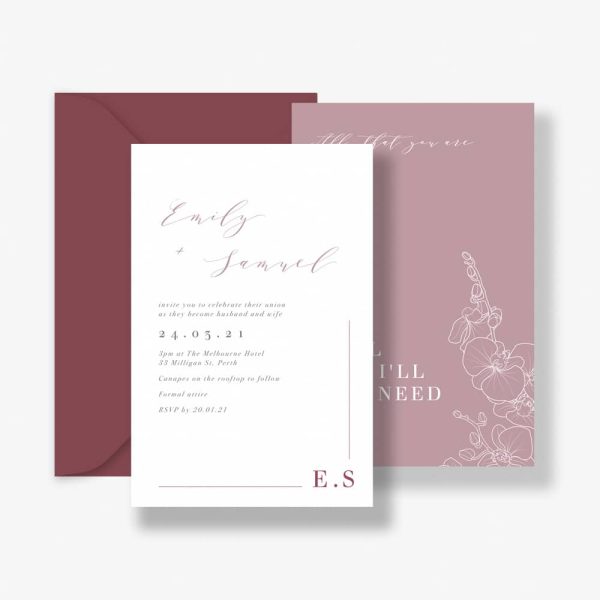 Dusky pink orchid wedding invitation