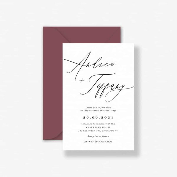 Timeless Script wedding invitation with matte deep rose envelope