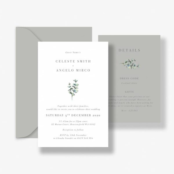 Vintage Minimalist Wedding invitation with minimal botanical leaves