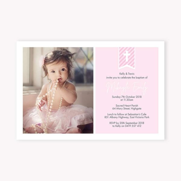 Baby Stripe Pink Baptism Invitation