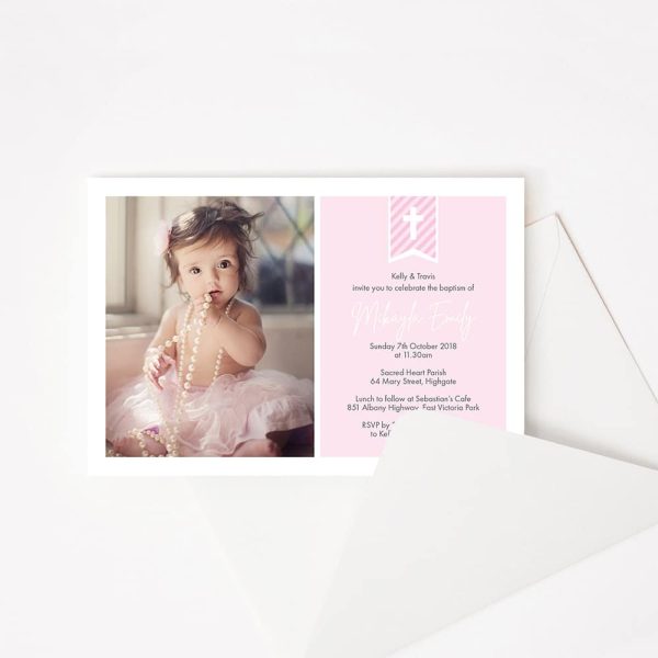 Baby Stripe Pink Baptism Invitation