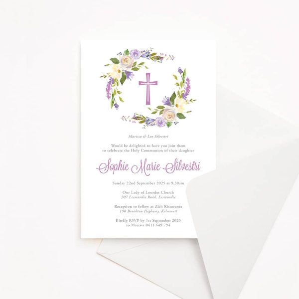 Lilac Wreath First Holy Communion Invitation