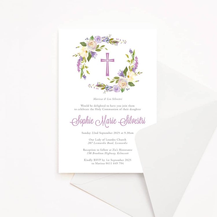 Lilac Wreath Holy Communion Invitation