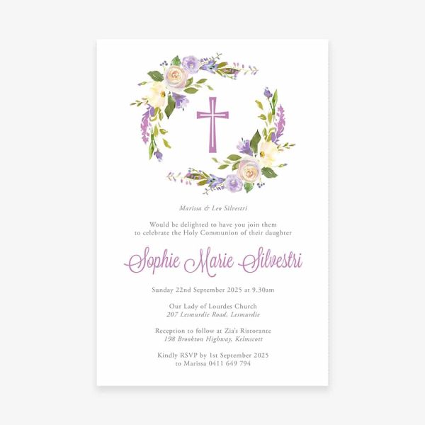 Lilac Wreath First Holy Communion Invitation