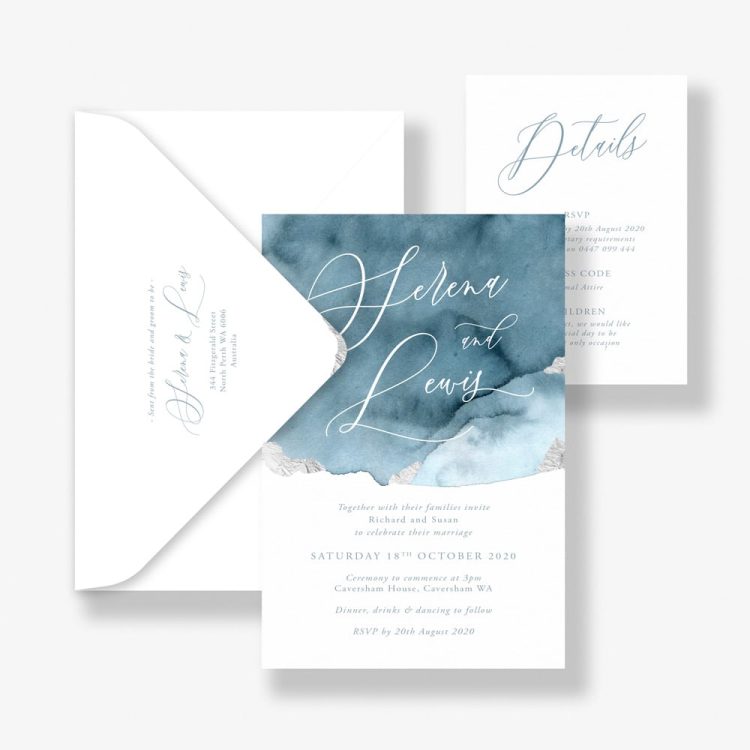 Silver Foil Blue Wash Wedding Invitation