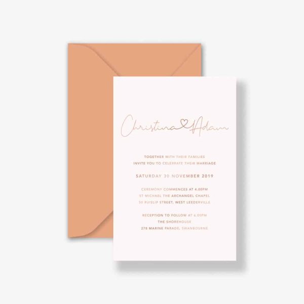 Christina Rose Gold wedding invitation with rose gold foil text on a nude card and terracotta envelope