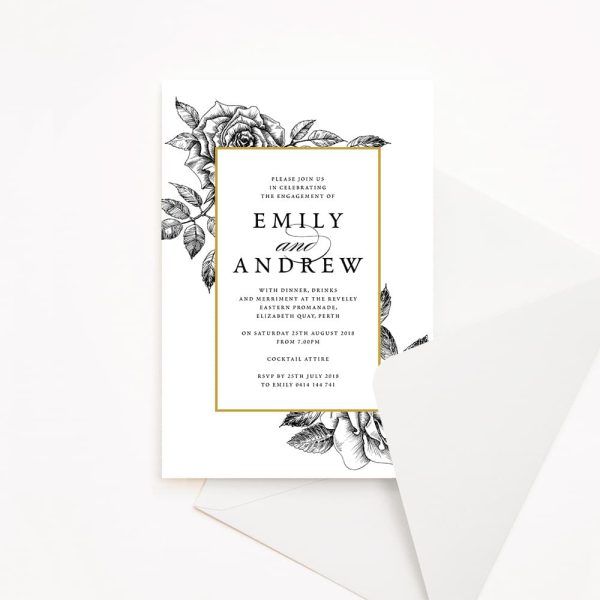 Engagement Invitation with illustrated black florals